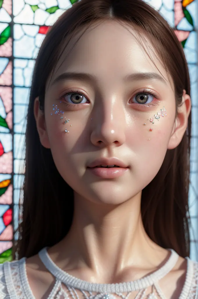 sfw, concept art, tiny junior idol, delicate lace knitted white clothes, (nipple:-0.9), face closeup, (dazzling stained glass ba...