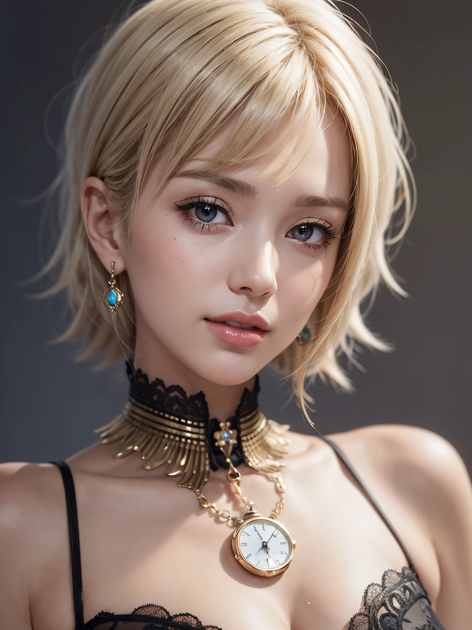 《concept art》。Virtual character design：Heart doctor，Hypnotist，Broadcast host，female，20 years old，white short hair，fluffy hair，Exquisite facial features，Beautiful makeup，Skin details，Smile。((Super realistic details)), illumination, shadow and light, octane rendering, 8k, Super sharp,Metal,complex, Accessories details,