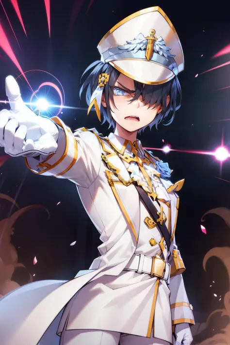 htarchangel, hair over one eye, military hat, military uniform, cross, flower, white gloves, white pants, stretching out his han...