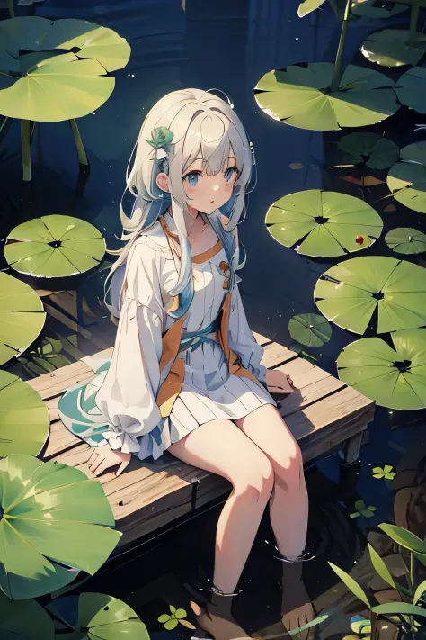 there is a girl sitting on a leaf, (white clothes), fresh color scheme, there is a plush toy, guvez style artwork, popular on cg...