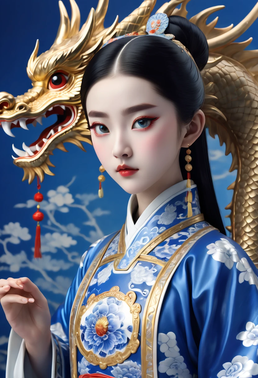 de cerca,Delante del dragón de porcelana azul y blanca se encuentra una niña china,,Ópera china de Pekín,Hua Dan,papel de aluminio dorado,usando un hermoso Hanfu,Dragón chino de porcelana azul y blanca,gran escena, minimalism, Dragon Chino, Renderizado C4D, Surrealism, obras maestras, iluminación de película, ultra alta definición, buen detalle, clasificación de color, 32k de alta definición