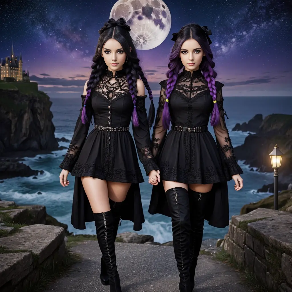 High definition vivid masterpiece,, Cute Goth loli young twin sisters walking, ice green big doll eyes very detailed and intrica...