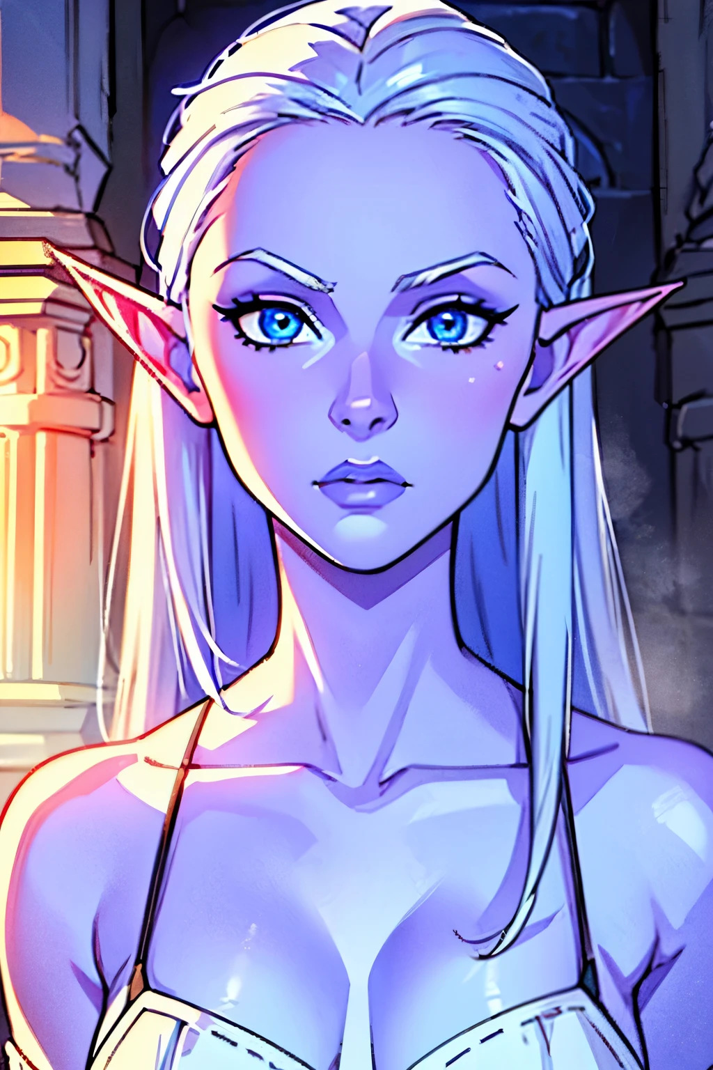 Portrait, (best quality, highres), tall, athletic, female, colored skin, pale blue skin, (Silver Hair), (vibrant blue eyes),(expressive eyes), Elf Ears, very detailed face, big breasts, Very detailed eyes, (white dress), dramatic lighting, epic scenery
