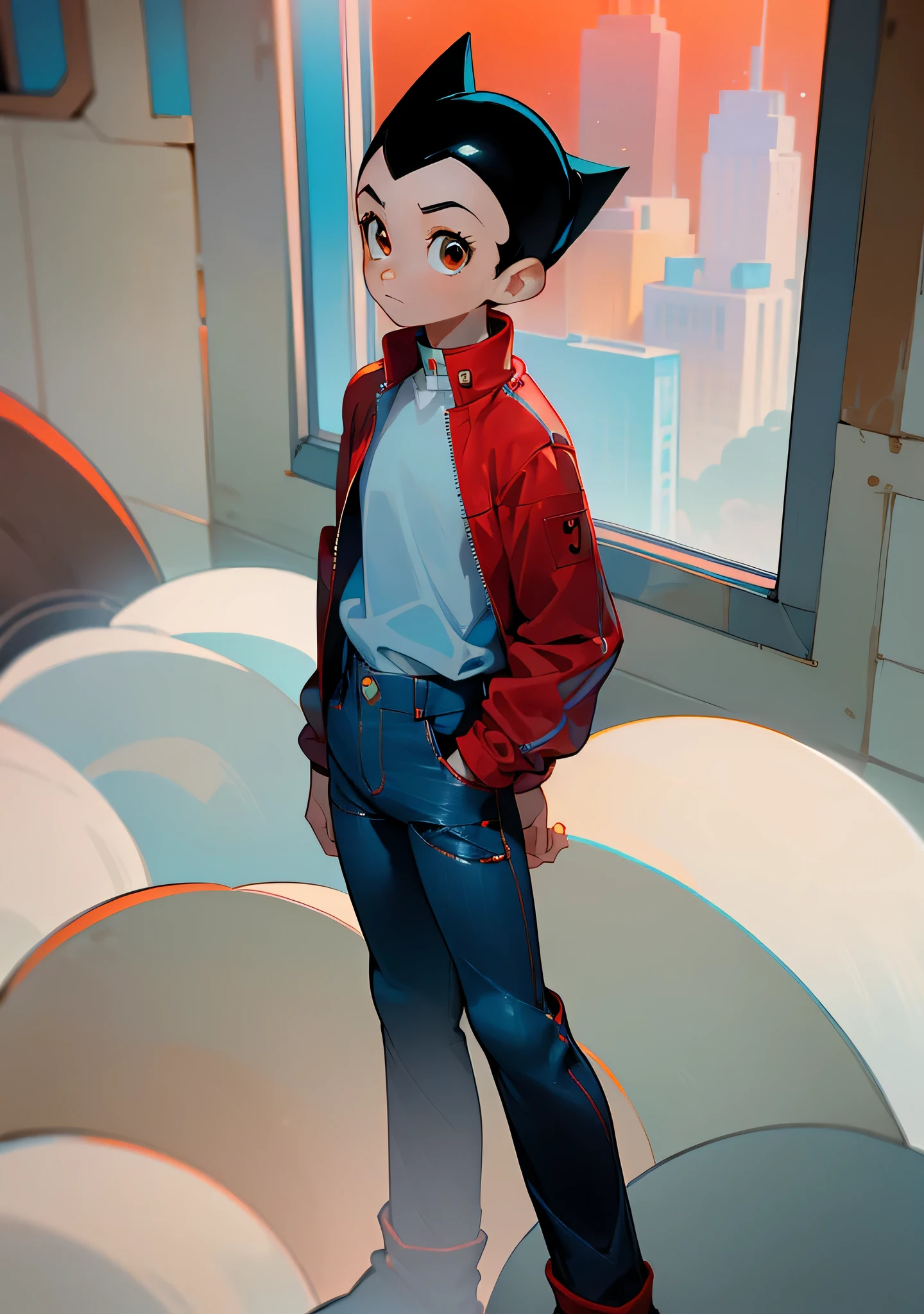 ((best quality)), ((masterpiece)), (detailed), solo, 1boy, perfect face, full body image of Astro Boy, looking out the window at metro city, brown eyes, wearing a ((((medium blue)))) zip-up jacket with red collar and cuffs, ((((white)))) tshirt, (((black jeans))) with ((red accents)), and red boots.