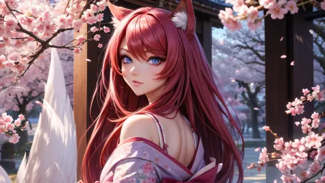 leauge of legends, ahri, fox eye, fox blue eyes, pretty face, standing in japan, sakura tree, cherry tree, purple kimono, big ey...