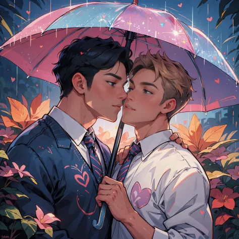 umbrella between men、gay mal relationship, kiss, hearts