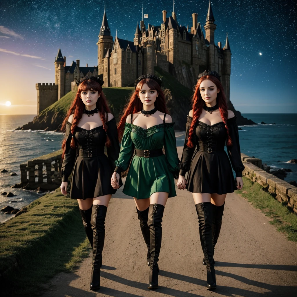 High definition vivid masterpiece,, Cute Goth loli young twin sisters walking, emerald green big doll eyes very detailed and intricate, glowing eyes, eye shadow and eyeliner, elaborate braids, long red hair, elaborate goth loli dress, detailed castle on high cliff overlooking rough ocean in background, night time, shafts of light, full moon, starry sky, playful smiling facial expression, high heeled thigh high boots,