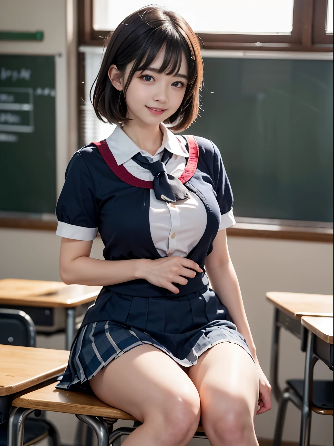 1 young girl, Crouched figure、cinematic light、shine a bright light on your face, smile、smile、bangs, short cut hairstyle、red ribbon、plump thighs、big breasts、Whip breast、(High  ,mini skirt:1.3), School, classroom, clear、(highest quality:1.0), (realistic:1.0), (8k, RAW photo:1.1), (8k Very become familiar with CG unit wallpaper), (highest quality), (best illustrations), (best shadow), (become familiar with: 1.4), 3d, HDR (high dynamic range), ray tracing, nvidia RTX, super resolution, scattered below the surface, PBR texture, Post-processing, anisotropic filtering, Depth of written boundary, maximum sharpness and acutance, multilayer texture, Albedo and highlight mapping, surface shading, Accurate simulation of light-matter interactions, perfect proportions, octane rendering, 超Realistic、Photographed with Canon EOS R5、50mm lens、f / 2.8