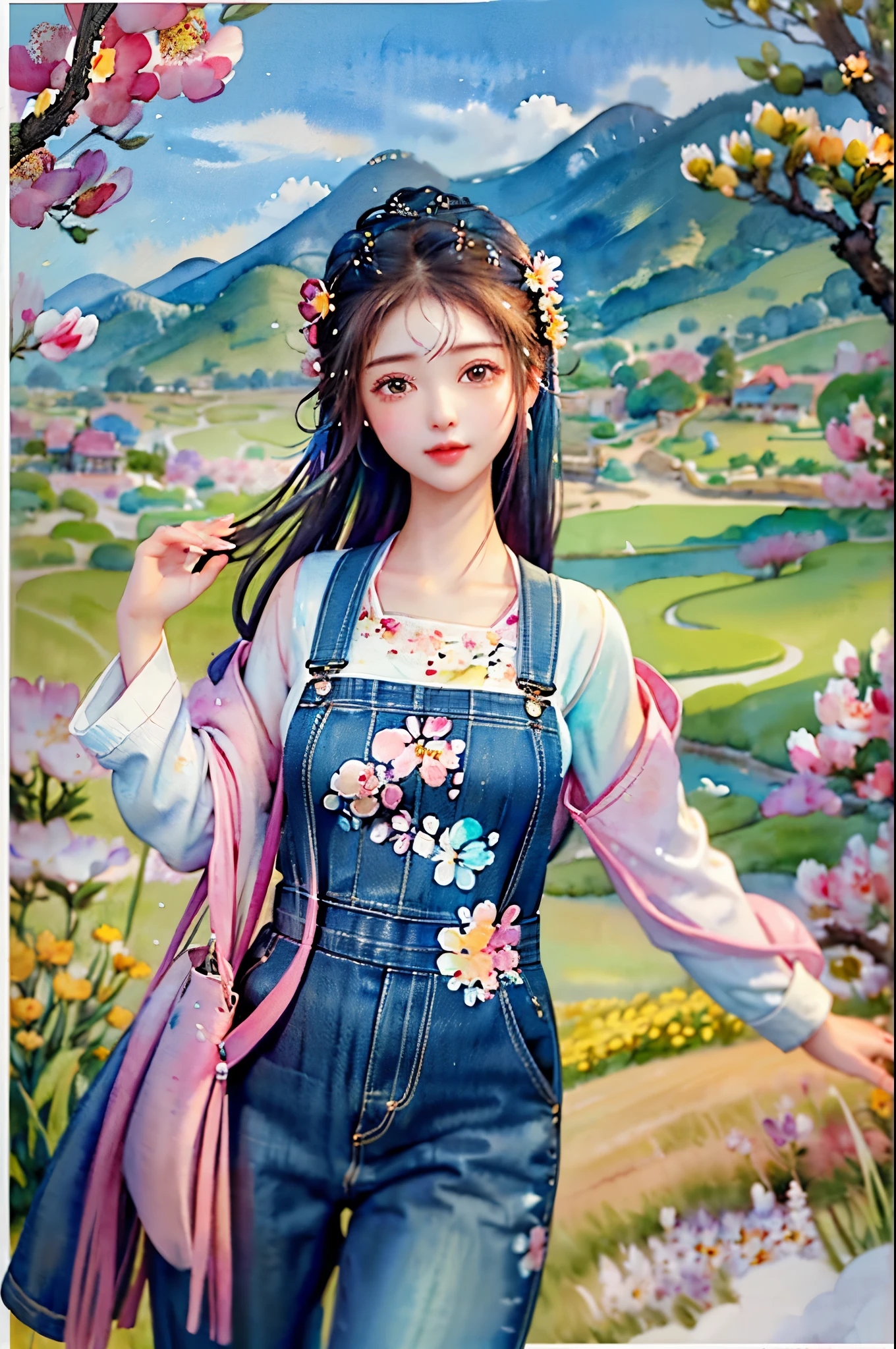 Imaginative thoughts on your dream girlfriend、Warm depiction，Envisioned as a dream lover and lifelong partner。She embodies the simplicity of Chinese rural girls、Industrious，Integrated with wisdom、Beautiful and hard-working character。This artistic depiction shows her in a rural setting，Exuding sweetness、Romantic atmosphere。((She wears simple denim overalls and a white shirt))，Reflecting her humble origins and down-to-earth character。Her facial features are gentle and beautiful，The expression is kind、Tempting。The background is a picturesque rural landscape，Rolling hills、Fields and traditional country houses，Adds a sweet rustic romantic charm。The overall style blends realism and idealized rural beauty，embodies the dreamlike、The Essence of a Cute Country Girl, (floral watercolor painting:1.5)，(Super high saturation, bright and vivid colors:1.5), (nsfw), (Look at the audience head-on:1.5)