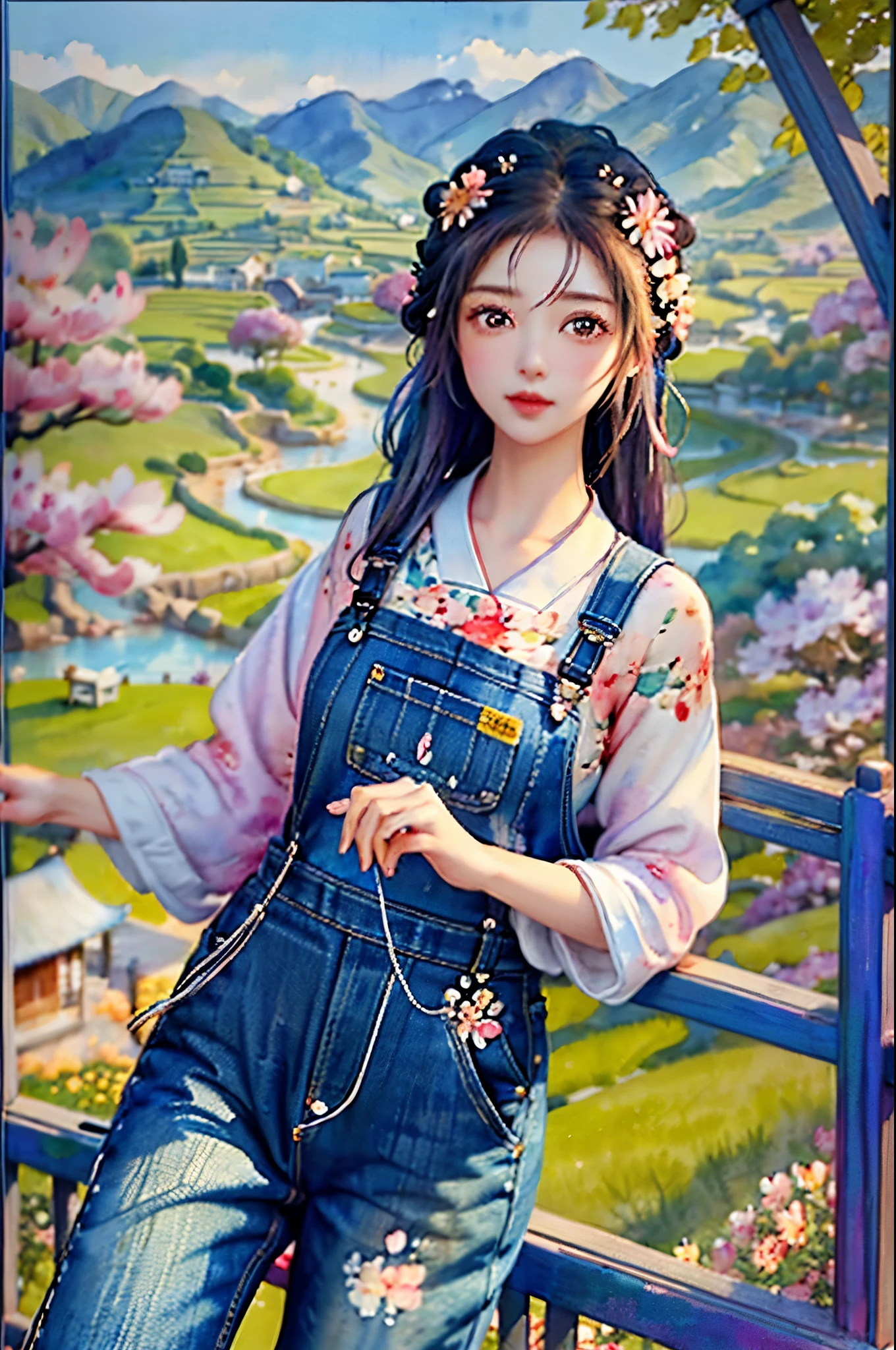 Imaginative thoughts on your dream girlfriend、Warm depiction，Envisioned as a dream lover and lifelong partner。She embodies the simplicity of Chinese rural girls、Industrious，Integrated with wisdom、Beautiful and hard-working character。This artistic depiction shows her in a rural setting，Exuding sweetness、Romantic atmosphere。((She wears simple denim overalls and a white shirt))，Reflecting her humble origins and down-to-earth character。Her facial features are gentle and beautiful，The expression is kind、Tempting。The background is a picturesque rural landscape，Rolling hills、Fields and traditional country houses，Adds a sweet rustic romantic charm。The overall style blends realism and idealized rural beauty，embodies the dreamlike、The Essence of a Cute Country Girl, (floral watercolor painting:1.5)，(Super high saturation, bright and vivid colors:1.5), (nsfw), (Look at the audience head-on:1.5)