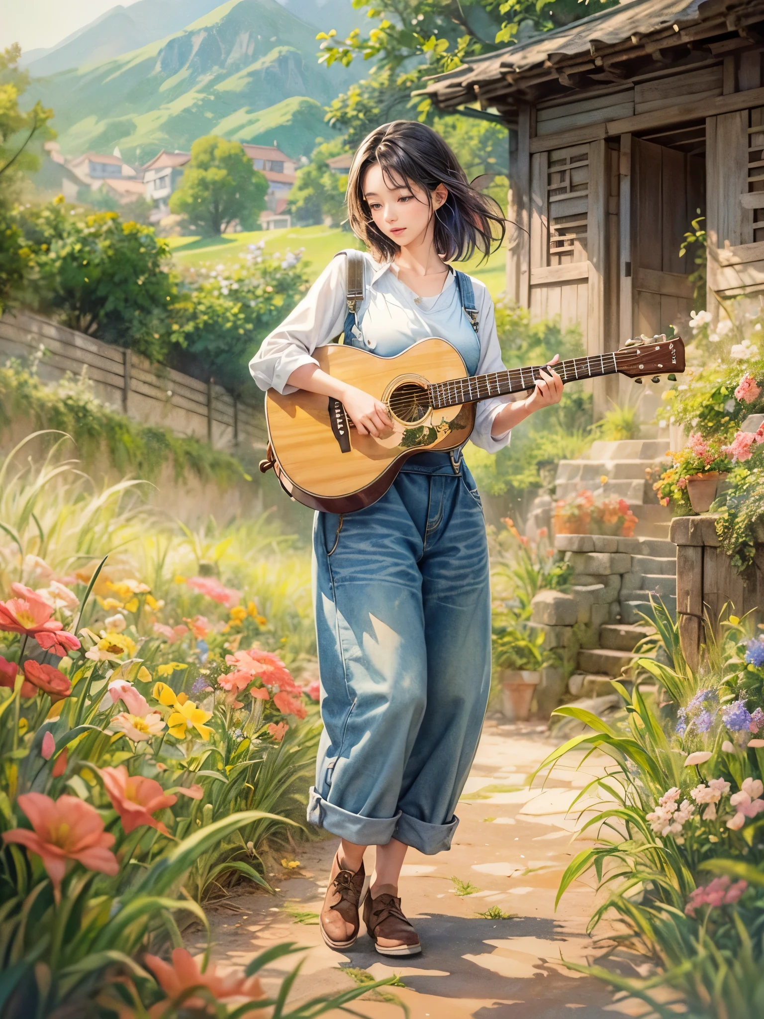 Imaginative thoughts on your dream girlfriend、Warm depiction，Envisioned as a dream lover and lifelong partner。She embodies the simplicity of Chinese rural girls、Industrious，Integrated with wisdom、Beautiful and hard-working character。This artistic depiction shows her in a rural setting，Exuding sweetness、Romantic atmosphere。((She wears simple denim overalls and a white shirt，Playing guitar))，Reflecting her humble origins and down-to-earth character。Her facial features are gentle and beautiful，The expression is kind、Tempting。The background is a picturesque rural landscape，Rolling hills、Fields and traditional country houses，Adds a sweet rustic romantic charm。The overall style blends realism and idealized rural beauty，embodies the dreamlike、The Essence of a Cute Country Girl, (floral watercolor painting:1.5)，(Super high saturation, bright and vivid colors:1.5), (nsfw), (Look at the audience head-on:1.5)