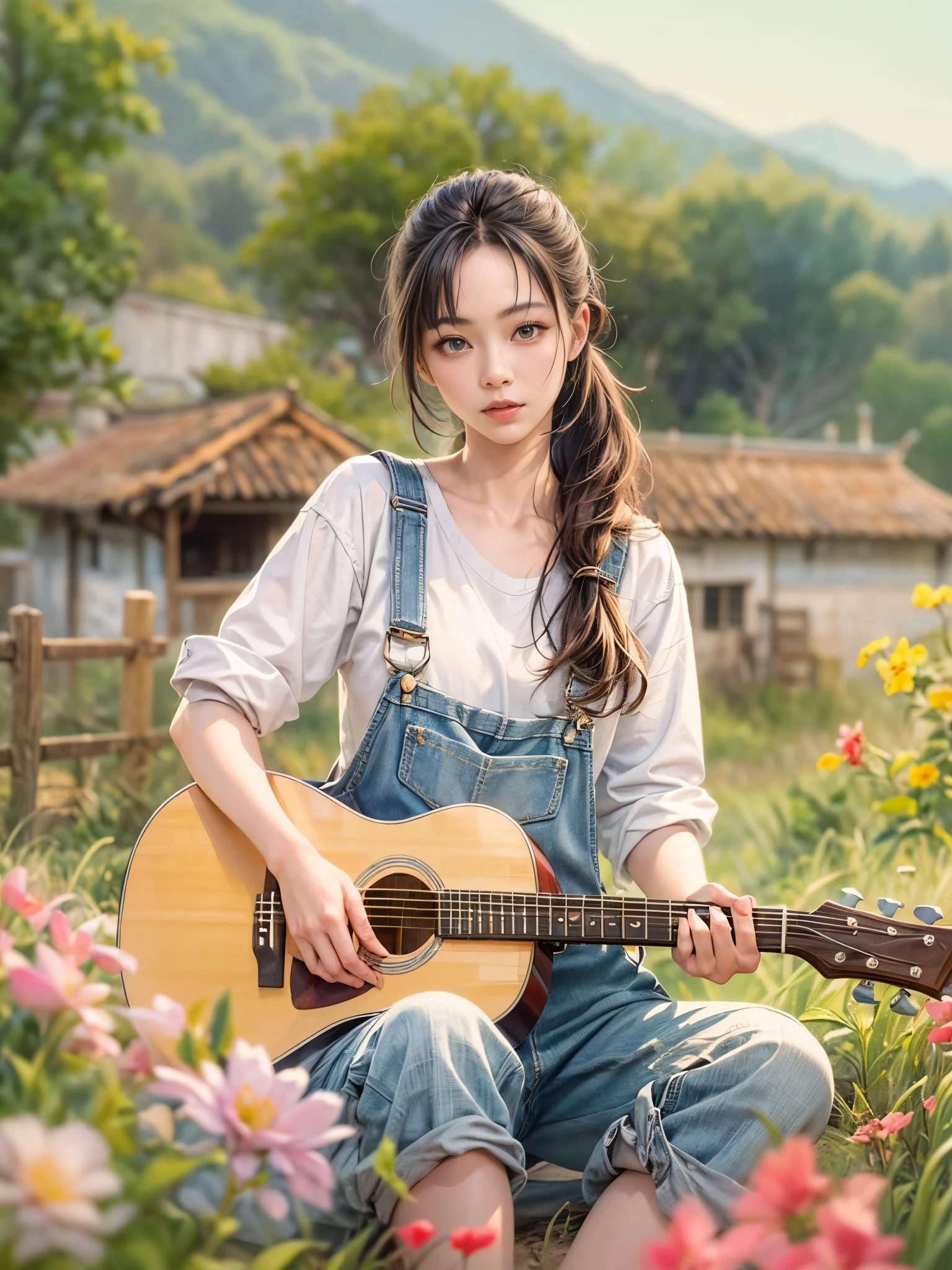 Imaginative thoughts on your dream girlfriend、Warm depiction，Envisioned as a dream lover and lifelong partner。She embodies the simplicity of Chinese rural girls、Industrious，Integrated with wisdom、Beautiful and hard-working character。This artistic depiction shows her in a rural setting，Exuding sweetness、Romantic atmosphere。((She wears simple denim overalls and a white shirt，Playing guitar))，Reflecting her humble origins and down-to-earth character。Her facial features are gentle and beautiful，The expression is kind、Tempting。The background is a picturesque rural landscape，Rolling hills、Fields and traditional country houses，Adds a sweet rustic romantic charm。The overall style blends realism and idealized rural beauty，embodies the dreamlike、The Essence of a Cute Country Girl, (floral watercolor painting:1.5)，(Super high saturation, bright and vivid colors:1.5), (nsfw), (Look at the audience head-on:1.5)