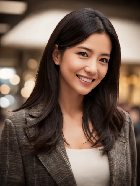 Japanese lady, 40 years old, casual outfit, black hair with colored inner, empty eyes, smile, depth of field, cinematic lighting...