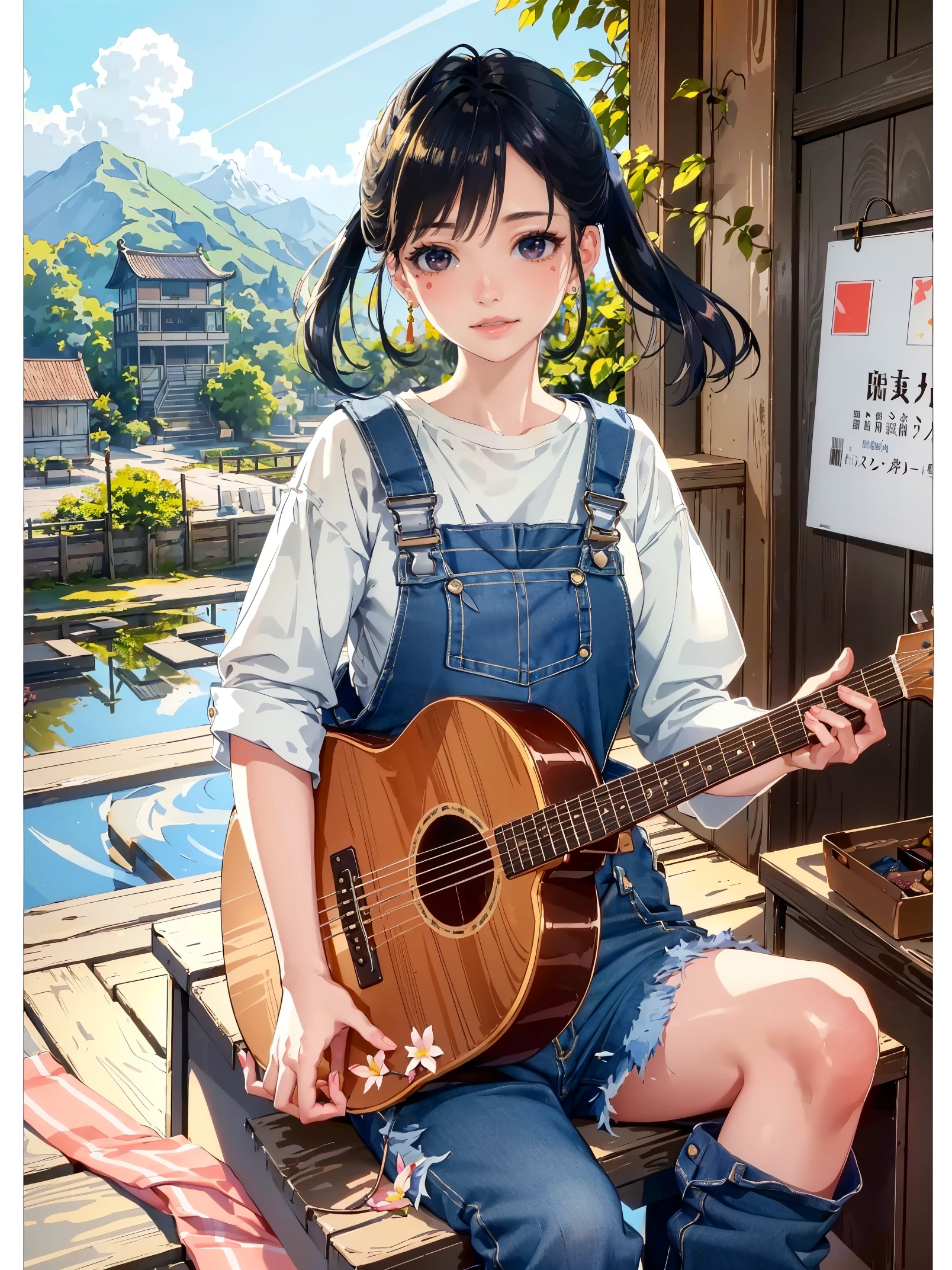 line art, Imaginative thoughts on your dream girlfriend、Warm depiction，Envisioned as a dream lover and lifelong partner。She embodies the simplicity of Chinese rural girls、Industrious，Integrated with wisdom、Beautiful and hard-working character。This artistic depiction shows her in a rural setting，Exuding sweetness、Romantic atmosphere。(( 1 girl, alone, black hair, Keep, sitting, She wears simple denim overalls and a white shirt，Playing guitar))，Reflecting her humble origins and down-to-earth character。Her facial features are gentle and beautiful，The expression is kind、Tempting。The background is a picturesque rural landscape，Rolling hills、Fields and traditional country houses，Adds a sweet rustic romantic charm。The overall style blends realism and idealized rural beauty，embodies the dreamlike、The Essence of a Cute Country Girl, (floral watercolor painting:1.5)，(Super high saturation, bright and vivid colors:1.5), (nsfw), (Look at the audience head-on:1.5)
 