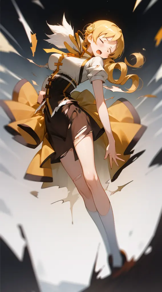 1 girl, mami tomoe, closed eyes, open mouth, frown, (torn clothes. tearing clothes:1.2)