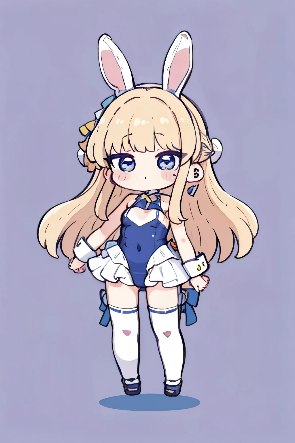 long hair, playboy bunny,school swimsuit,rabbit ears, leotard, white thighhighs, wrist cuffs,girl,solo,nozochibi, blush stickers, (chibi:1.4), simple background, full body, standing