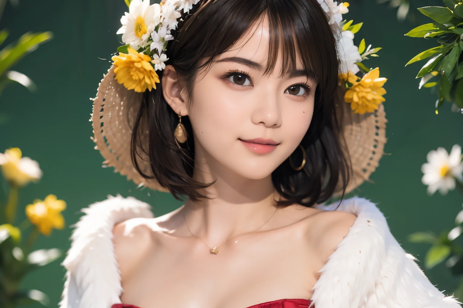 148
(20 year old woman,Floral costume), (surreal), (High resolution), ((beautiful hairstyle 46)), ((short hair:1.46)), (gentle smile), (breasted:1.1), (lipstick)
