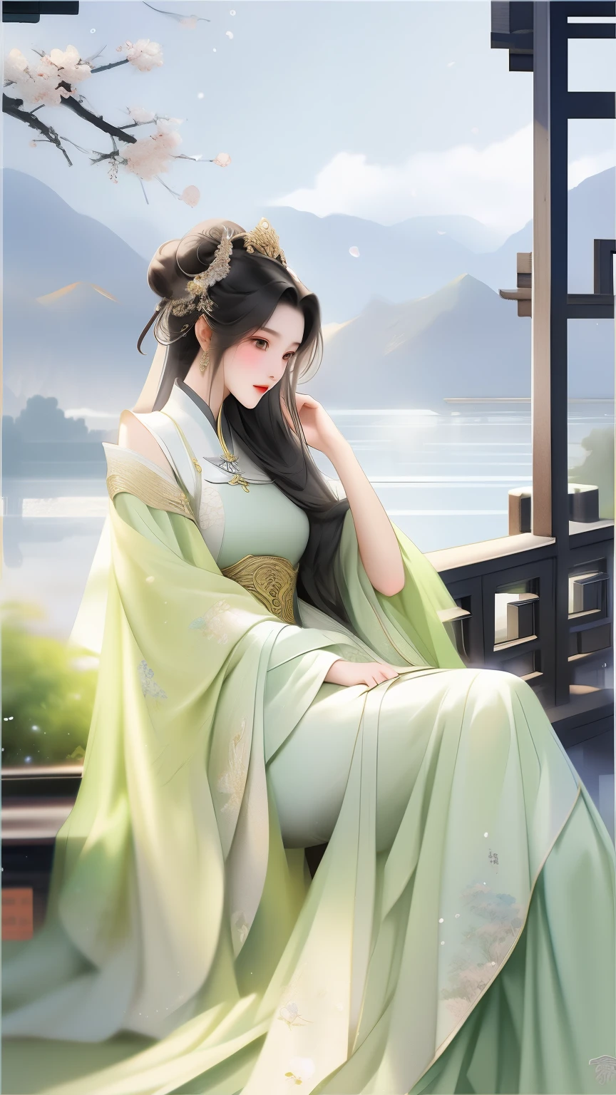 A painting of a woman wearing a pastel Hanfu dress, Sitting under the ...