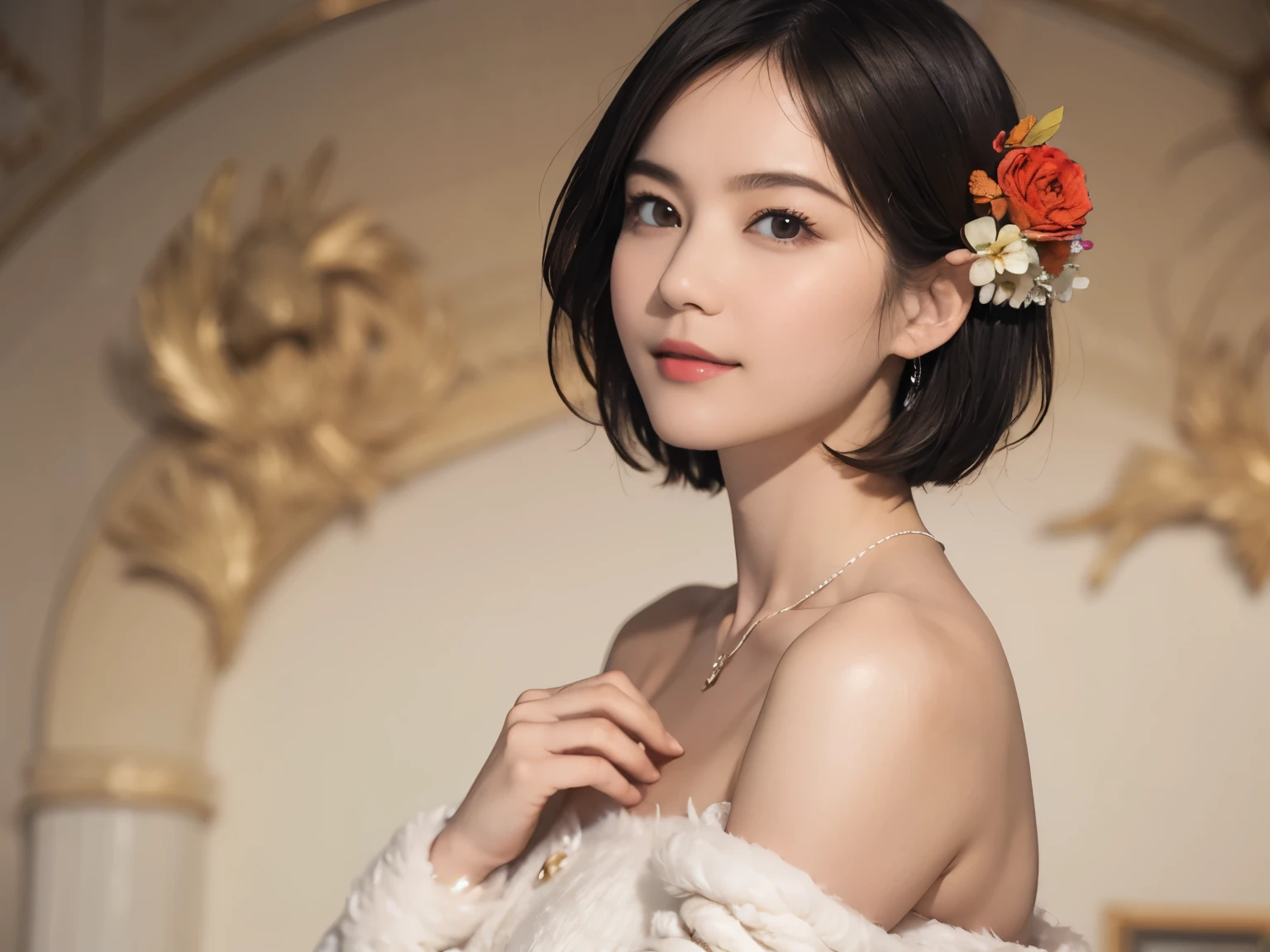 148
(20 year old woman,Floral costume), (surreal), (High resolution), ((beautiful hairstyle 46)), ((short hair:1.46)), (gentle smile), (breasted:1.1), (lipstick)
