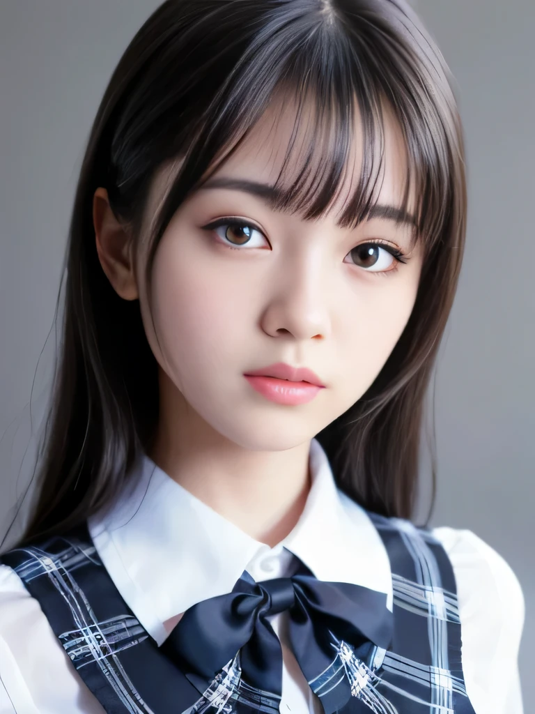 1 nogizaka girl, utterly cute, bishojo, 17yo, (white  short sleeves), blue plaid pleated skirt, an exquisitely detailed and beautiful face and eyes and skin, detailed black shine hair, small-medium breasts, smile at the camera, professional lighting, BREAK, (realistic, photo-realistic:1.37), 8k, (masterpiece), (best quality:1.4), (ultra high res:1.2), (RAW photo:1.2), (ultra detailed beautiful cloth), perfect anatomy, 4fingers and 1thumbs, ultra detailed background, (unity 8k wallpaper), cute s,ile, 
