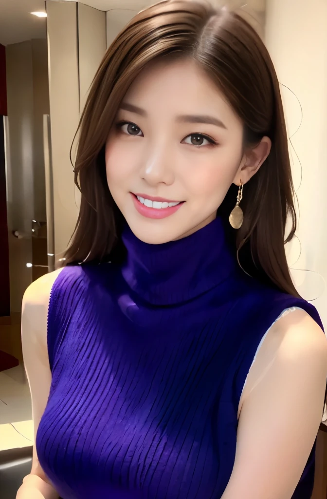 (((Violet Sleeveless Turtleneck Knitted Dress:1.2)))、Tight Skirt、(innocent and elegant girl)、(cowboy shot:1.2)、(focus on face and chest)、sit on the bed、(Luxury hotels:1.2)、From above、(straight hairstyle、brown hair、medium long hair)、Highly detailed face and skin texture、detailed eye、double eyelid、pale cheeks、 small shiny necklace and earrings、glossy lips:1.4、pure white skin:1.2、((big breasts:1.3))、((Very attractive smile:1.2))