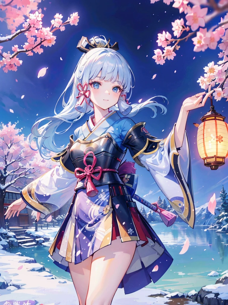 (best quality,4k,8k,highres,masterpiece:1.2),ultra-detailed,realistic,portrait,anime,Kamisato Ayaka,Genshin Impact,frozen cherry blossoms,blizzard,precise swordsmanship,graceful pose,silver hair,lilac kimono,ornate headpiece,icy blue eyes,powerful frost abilities,magic ice crystals,ethereal beauty,traditional Japanese garden,charming smile,colorful lanterns,subtle moonlight,winter-themed backdrop,sakura petals floating in the air,delicate snowflakes dancing,peaceful and serene atmosphere,dynamic action stance,swift and precise movements,elaborate ice sculptures,shimmering frost particles,exquisite details,impressive icy landscapes,hidden secrets and treasures,legendary samurai,spiritual energy flowing around her,swordsmanship training dojo,inspiring and determined spirit,sense of mystery,engaging storyline