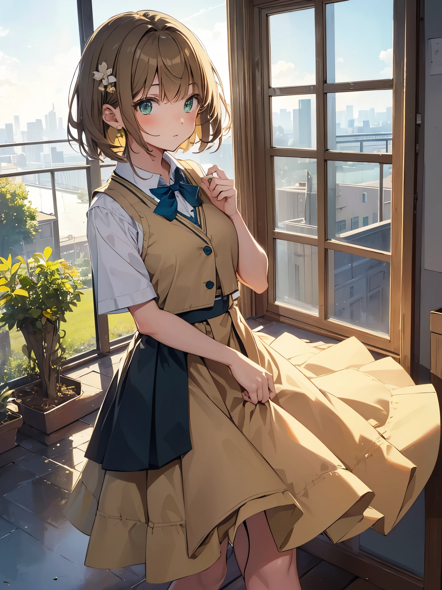 (masterpiece, highest quality), 1 girl, short hair, dull bangs, light brown hair, happiness, green eyes, hair ornaments, School_uniform, short_dispel, just_foot, blue sky, window, Front view, insight, chest squeeze, Beige vest