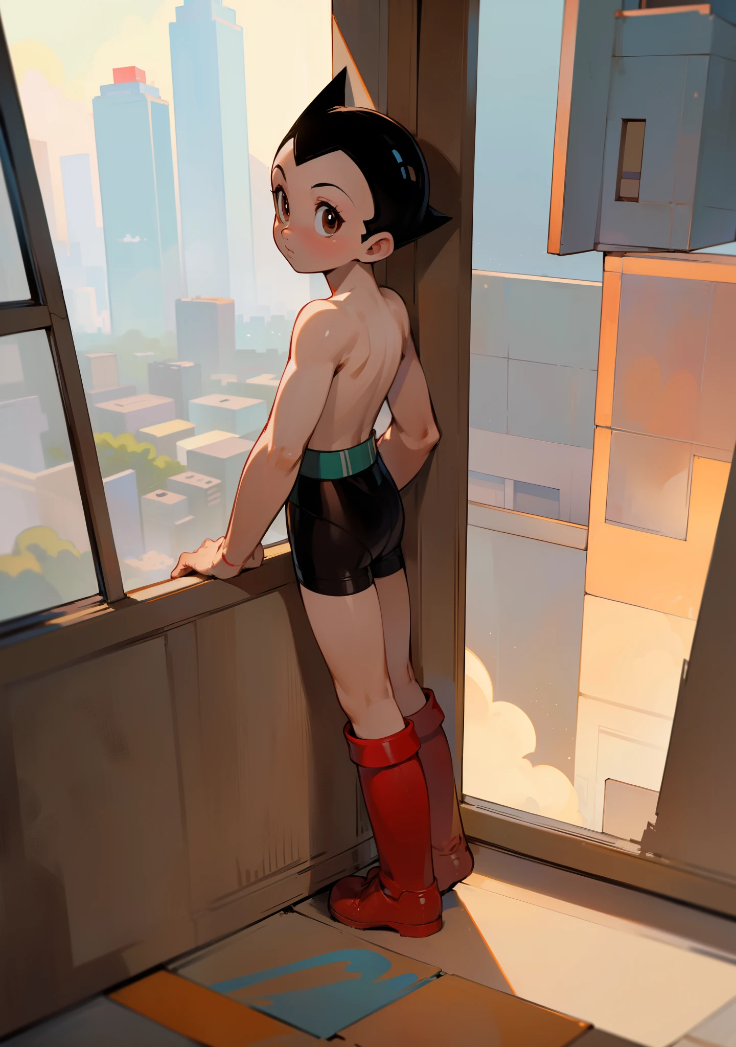 ((best quality)), ((masterpiece)), (detailed), solo, 1boy, perfect face, full body image of Astro Boy, looking out the window at metro city, brown eyes, wearing black boxers and red boots.