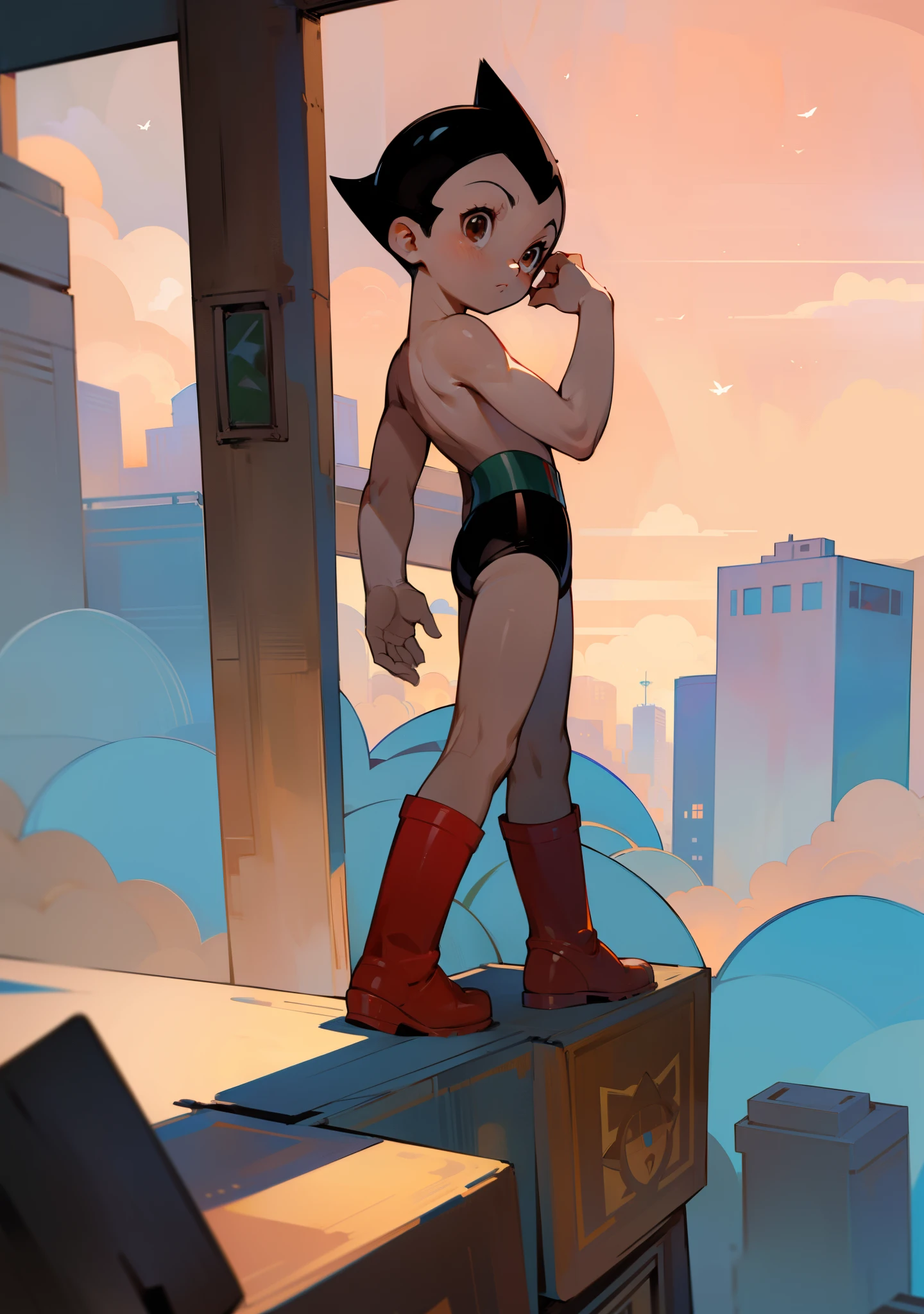 ((best quality)), ((masterpiece)), (detailed), solo, 1boy, perfect face, full body image of Astro Boy, looking out the window at metro city, brown eyes, wearing black boxers and red boots.