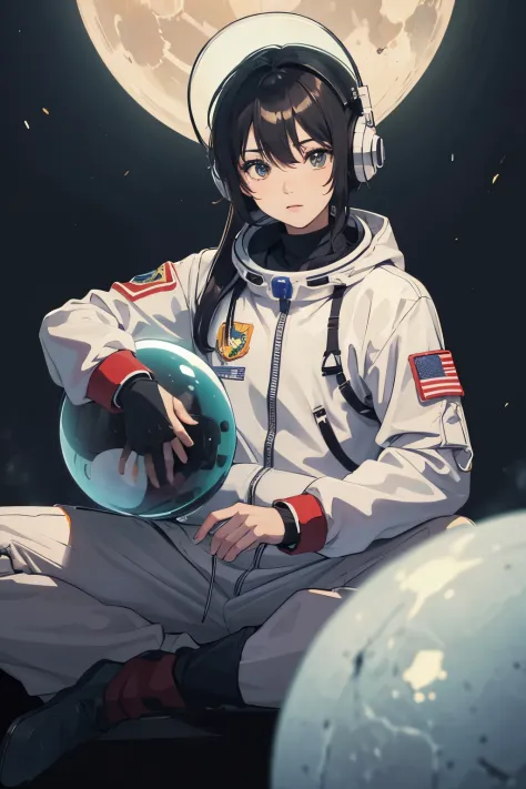 Alien with astronaut suit, holding his helmet while sitting on a moon rock.