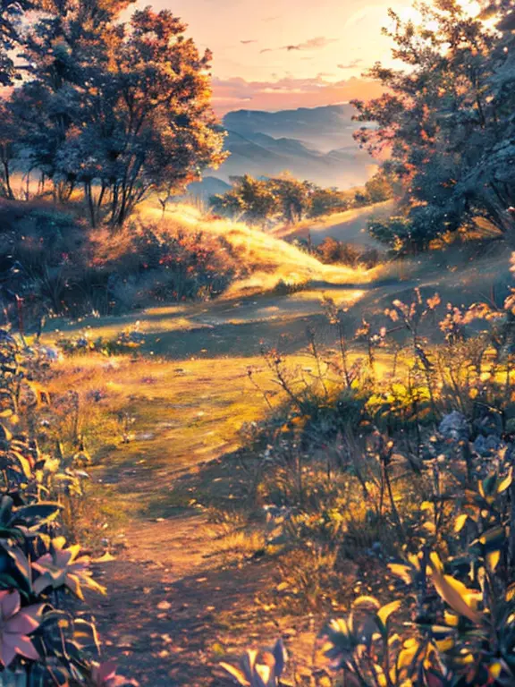 colorido, sombras suaves, capture the serene and magical moment of sunrise in a dreamlike landscape. La imagen presenta una obra...