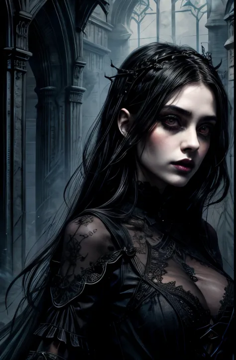 illustration of a beautiful goth girl, fantasy, dark fantasy, long high neck dress with lace, age 30, fantasy, dark fantasy, strong face, detailed eyes, black eyes