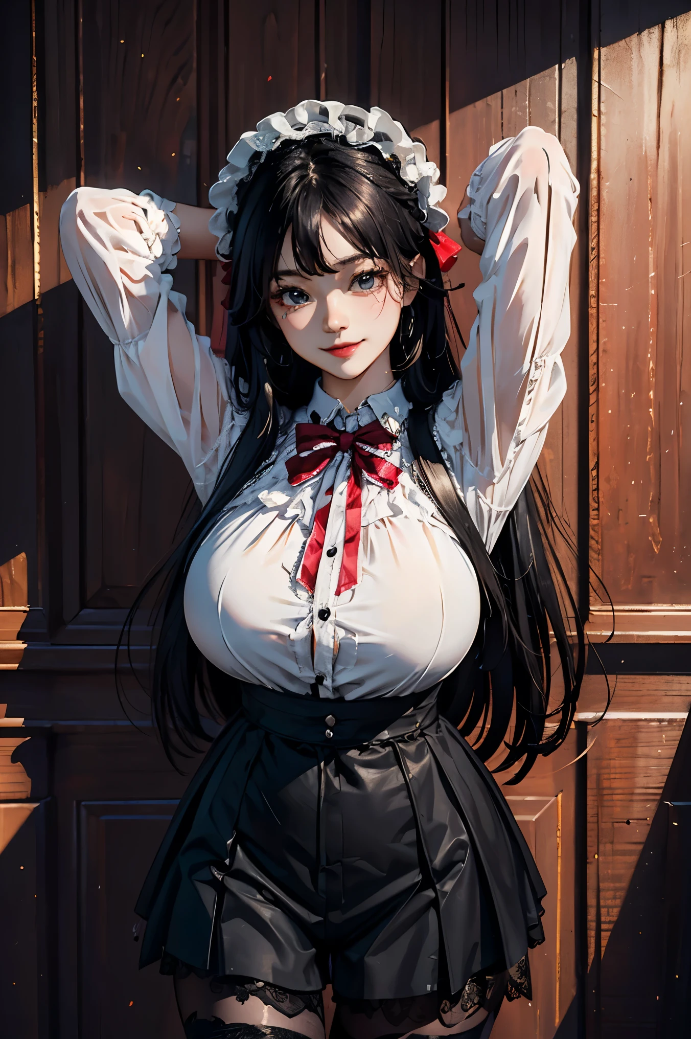 (masterpiece:1.4)、(highest quality:1.4)、ultra high resolution、beautiful features、20 year old woman、black straight long hair、headdress、Goth  clothes、Ruffled clothing、black tights、(huge breasts:1.1)、red face、smile、Stand against the wall、arms behind body