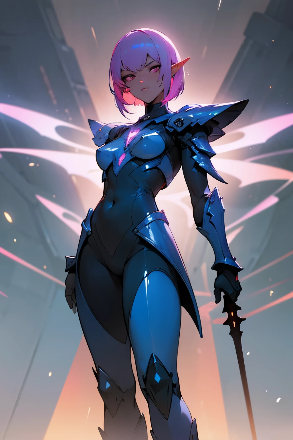 ultra-detailed, detailed, perfect face, slight smile, blue-skinned dark elf with totally pink hair in a bob haircut, wearing space armor covering his belly and legs. metal shoulder pads, glowing runes on the armor, sharp black eyes, slender and graceful, majestic posture, standing in a futuristic cityscape with towering skyscrapers and neon lights, surrounded by flying hovercrafts, futuristic weapons holstered on the side, casting a mysterious and powerful red aura, holding two ultra-technological daggers, the armor glistening under the artificial city lights, creating an ethereal and otherworldly atmosphere, blending seamlessly with the advanced technology of the surroundings, the blue color scheme of the scene creating a sense of calmness and tranquility, the lighting casting dramatic shadows and highlighting the intricate details of the armor and facial features, capturing the essence of the futuristic dark elf warrior in this stunning artwork.