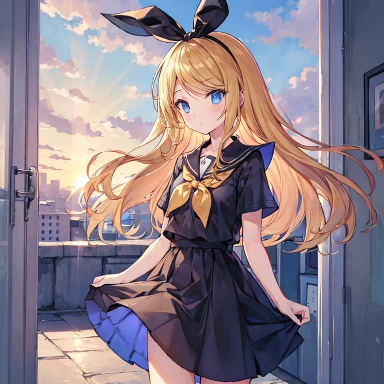 Kagamine Rin , by blond  , Collections 、Red eyes、Beautiful girl alone、kimono、a miniskirt、school classroom 、sitting at desk , evening light (entering through the window , curtains that move a little in the wind