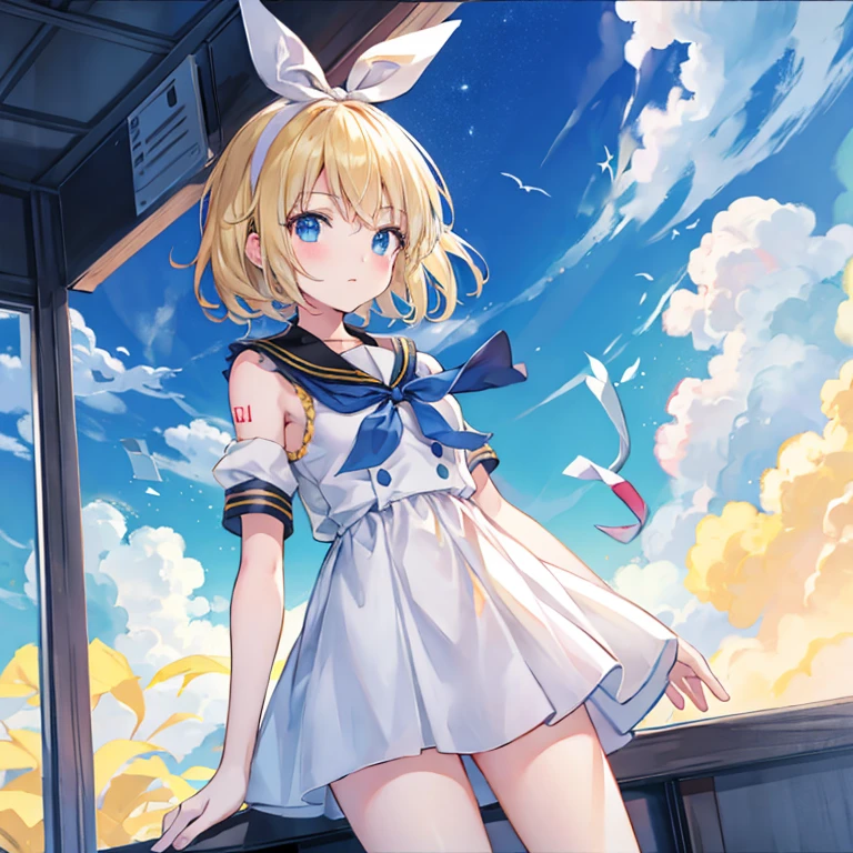 Kagamine Rin , por rubio  , coletas 、ojos rojos、Hermosa chica sola、quimono、una minifalda、aula de escuela 、sentado en pupitre , luz de atardecer (entrando por la ventana , cortinas que se mueven un poco con el viento