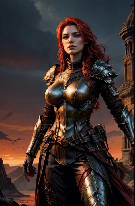 illustration of a beautiful female warrior, red hair, 30 years Old, high neck, Scale armor, long skirt over brown leather pants, fantasy, dark fantasy, age 30, strong face, detailed eyes, green eyes, am lagerfeuer