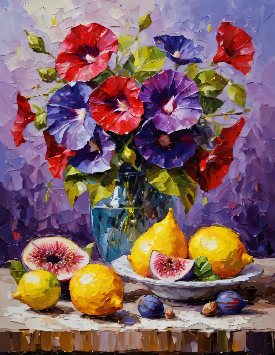 
oil painting with palette knife, oil painting on canvas, flowers and fruits, scarlet morning glory, lemons and purple figs, drawing with large strokes, impressionism, The Game of the World, high detail, The work of the wizard