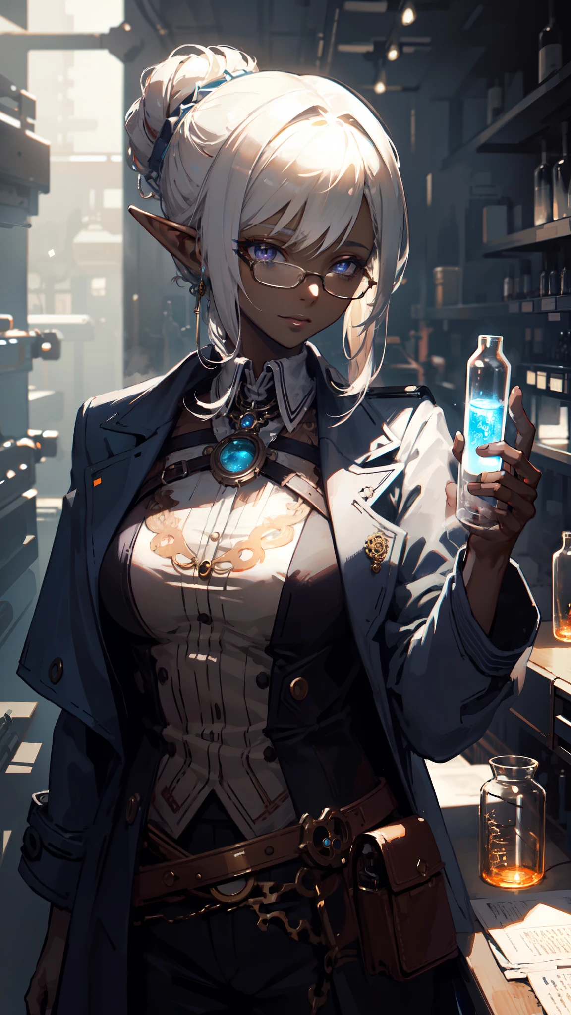 ((masterpiece )), (top quality), (best quality), ((ultra-detailed, 8k quality)), Aesthetics, Cinematic lighting, (detailed line art), Beautiful digital artwork, Exquisite digital illustration, absurdres, (best composition),
BREAK,
a female dark elf who is a scientist, (scientist clothes:1.2), (jacket lab, Coat:1.2), glasses, (steampunk style:1.1), (holding of shimmering blue sea crystals), (background of scientific laboratory,  laboratory, filled with tubes, bottles, and equipment), SteamPunkAI, CogPunkAI, cell shading, cinematic dramatic atmosphere, high quality cell shaded illustration in Fantasy steampunk style by Yoji Shinkawa, detailed and intricate environment, artstation, concept art, fluid and sharp focus, dynamic angle, by ((Mikimoto Haruhiko)),
BREAK,
highly detailed of (dark elf), (1girl), perfect face, details eye, parted, sidelock, hairbun,blonde white hair, violet eyes, eyelashes, eyeshadow, pink eyeshadow,  smile, design art by Mikimoto Haruhiko, by Kawacy, By Yoshitaka Amano,
BREAK, 
((perfect anatomy)), nice body, medium breast, (extremely detailed finger), best hands, perfect face, beautiful face, beautiful eyes, perfect eyes, (perfect fingers), correct anatomy, (Dark skin:1.2)