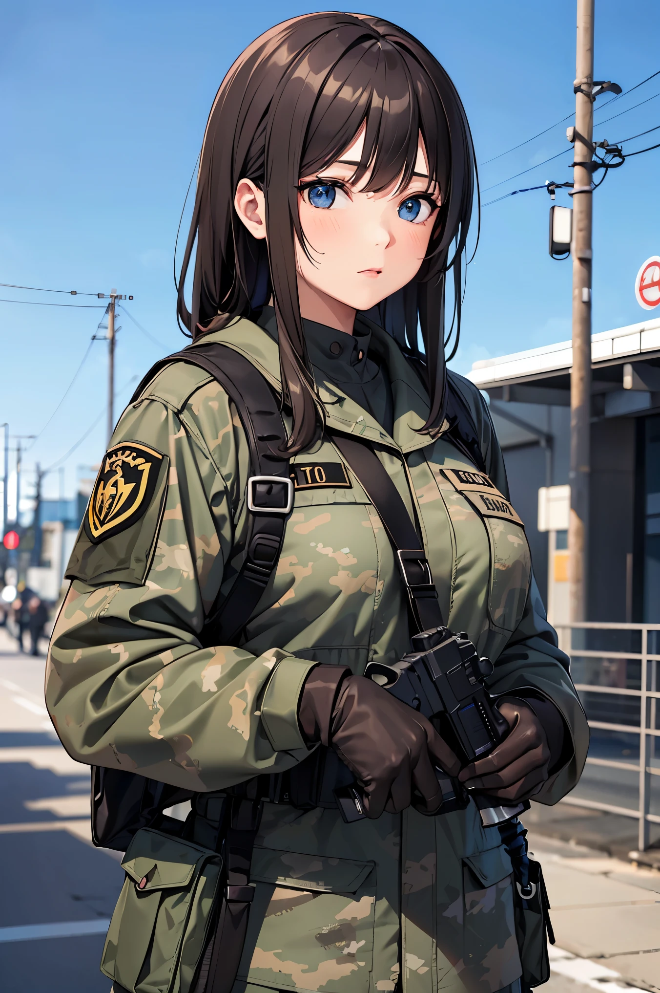 ((masterpiece, best quality, ultra-detailed, very fine 8KCG wallpapers)), 1girl, solo, medium breasts, soldier, camouflage clothing, military base, military uniform, nice hands, perfect hands,