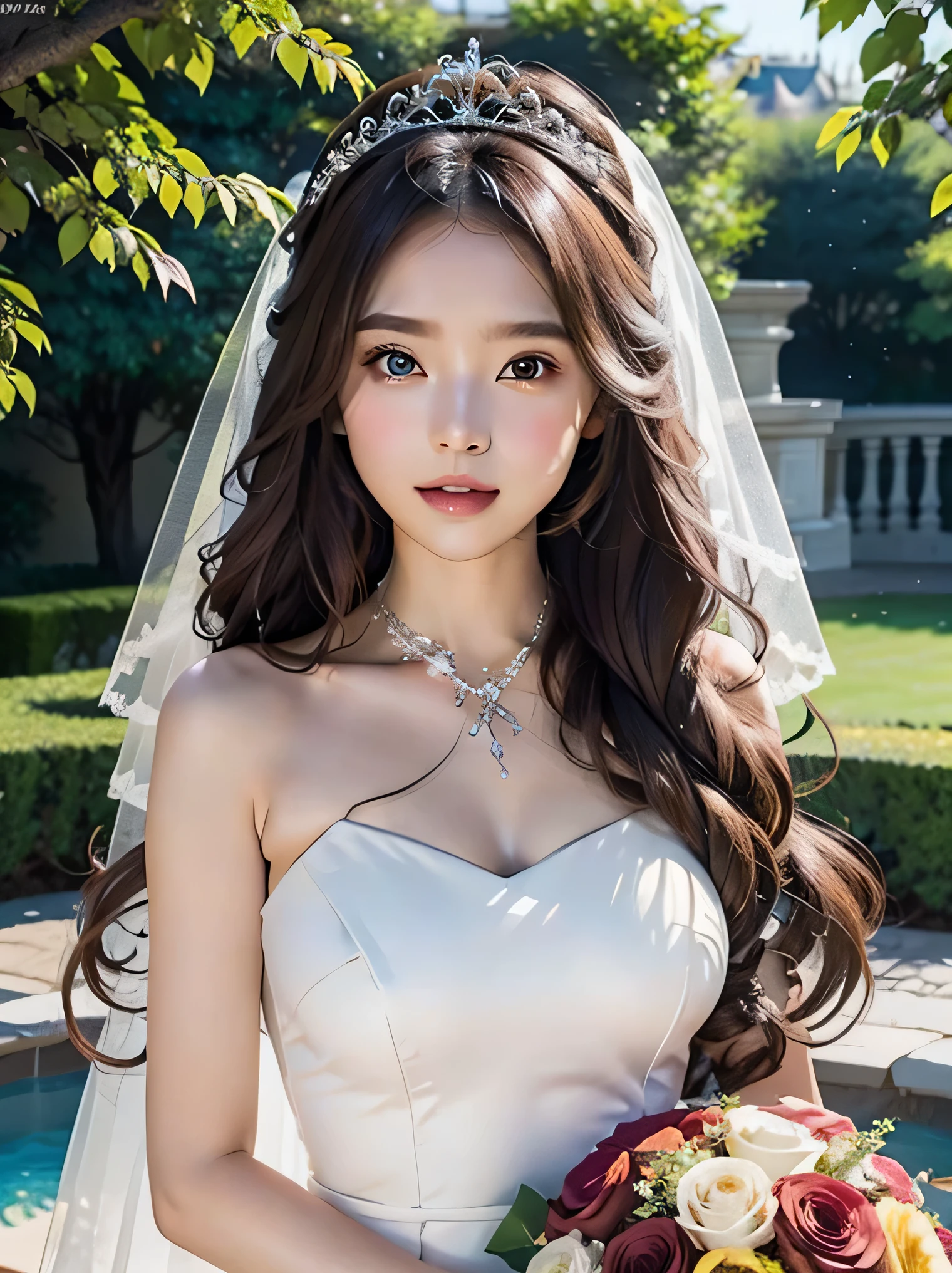 fantasy、long hair、brown hair、cute woman、clear white skin、、Transparency、Garden Wedding、Rose、Wedding dress、veil、tiara、Upper body、、thin eyebrows、Rounded face、happiness、bouquet