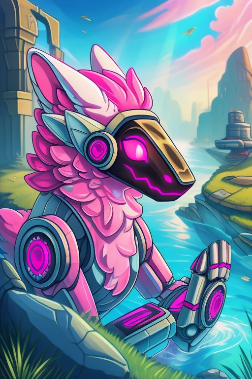 female protogen, mysterious, clockwork parts, odd, weird, has pink eyes, has white fur, short, POV, guiding camera, looking at camera, outside, green grass, scrap metal rocks, pink water, slimey water, 