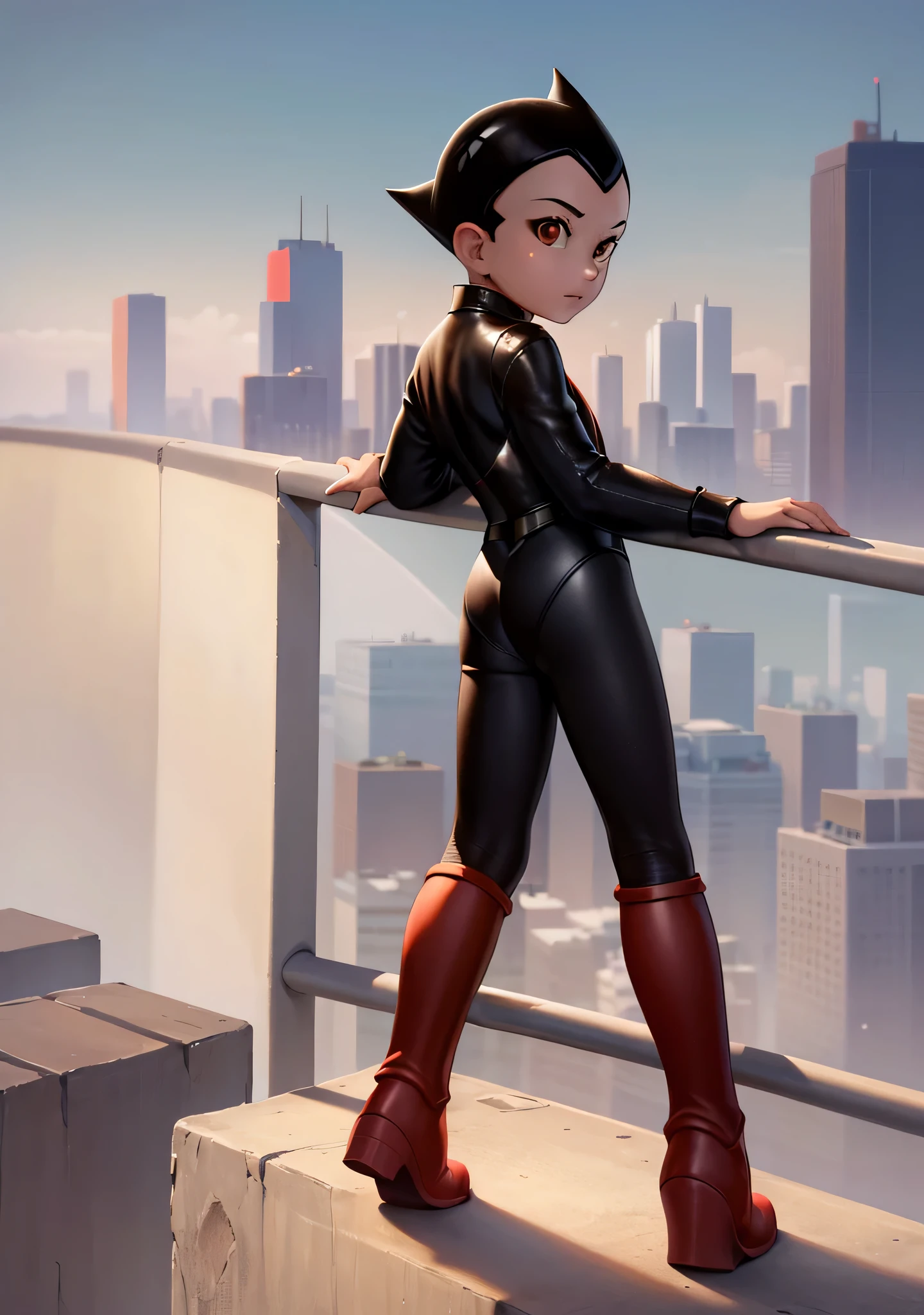 ((best quality)), ((masterpiece)), (detailed), safe, solo, 1boy, perfect face, full body image of Astro Boy, leaning against a railing, looking out at the city, brown eyes, wearing a shiny black catsuit and red boots