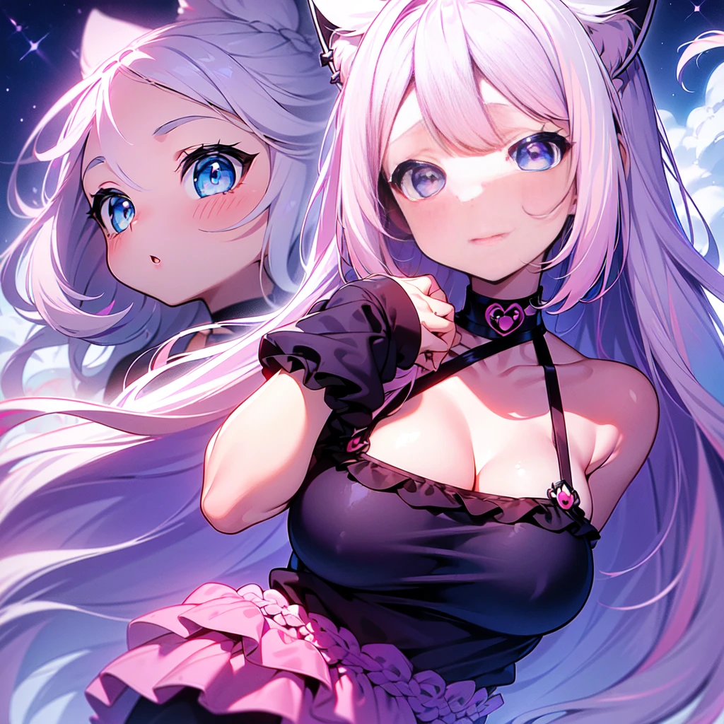 Masterpiece, best quality, emoji pack，emoji sheet,  goth bangs, ((blue eyes)), blush,breasts, large breasts, looking at viewer, long hair, (pink,blue,purple,white hair:1.4), black choker, galaxy, goth, cat ears,  upper body, virtual youtuber, cat girl,