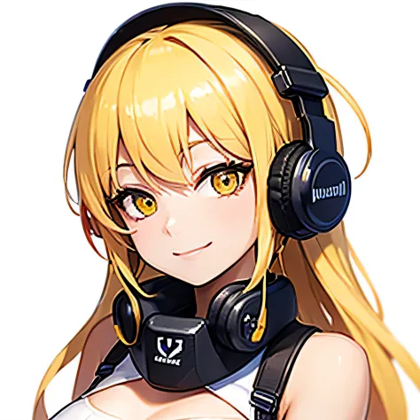 Beautiful girl with yellow hair，Face the face，Smile，With headphones，customer，don&#39;t show your breasts