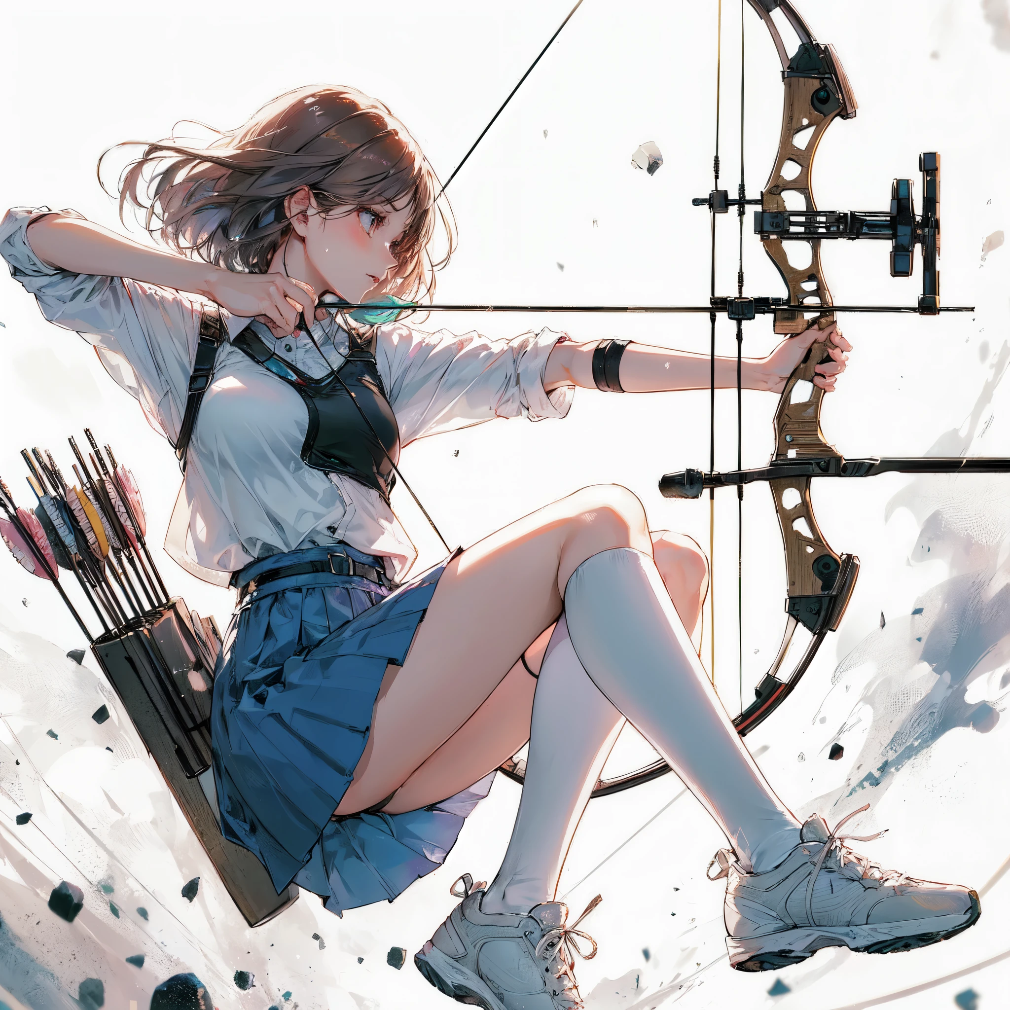 high quality,hd,16k,sharp line,1girl,female archery athlete ,cute face, large breasts, slender body, delicate body,nice legs, sweat,in archery venue,focus girl,detailed beautiful face,detailed clothes,beautiful eyes,pretty,dynamic angle