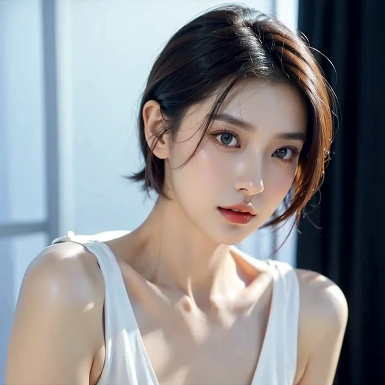 1woman,a woman with a short hair and a white top, inspired by Yanjun Cheng, by Yanjun Cheng, with short hair, realistic. cheng yi, yanjun chengt, korean symmetrical face, by Yang J, by Zhang Han, south east asian with round face, by Ye Xin, by Xia Yong, by Russell Dongjun Lu, by Ni Tian