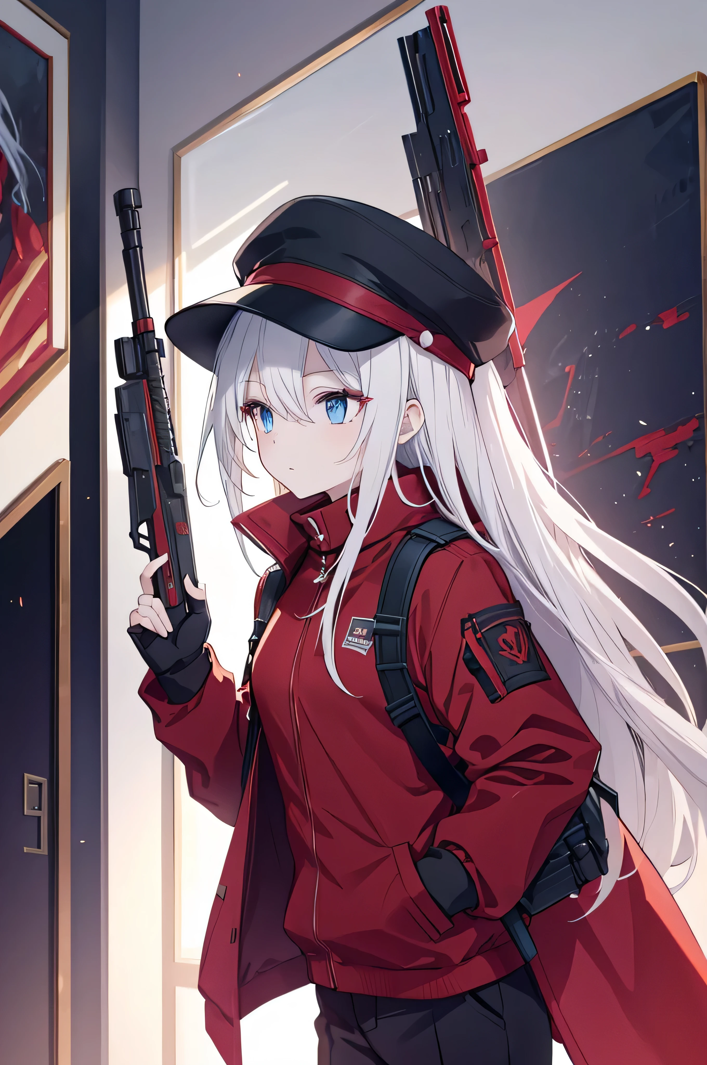 A red long rifle and a girl，side view，top view，Female figure slim and slender，sharp vision，put on black mask，left hand down，female face，Carrying a red long rifle，white hair，long white hair，female hands，human hand，normal finger，blue eyes，Highlights，With a red hat，Wearing a red turtleneck long windbreaker，Wearing black suit pants，Gangster meeting room background，tomorrow ark，tomorrow ark风格，alone，masterpiece，Extremely exquisite and beautiful two-dimensional exquisite painting style，Extremely delicate and delicate，8K high quality，CG wallpaper，HD，There are guns around，sharp vision，put on black mask，With a red hat，Wearing a red turtleneck long windbreaker，Carrying a red long rifle，white hair，long white hair