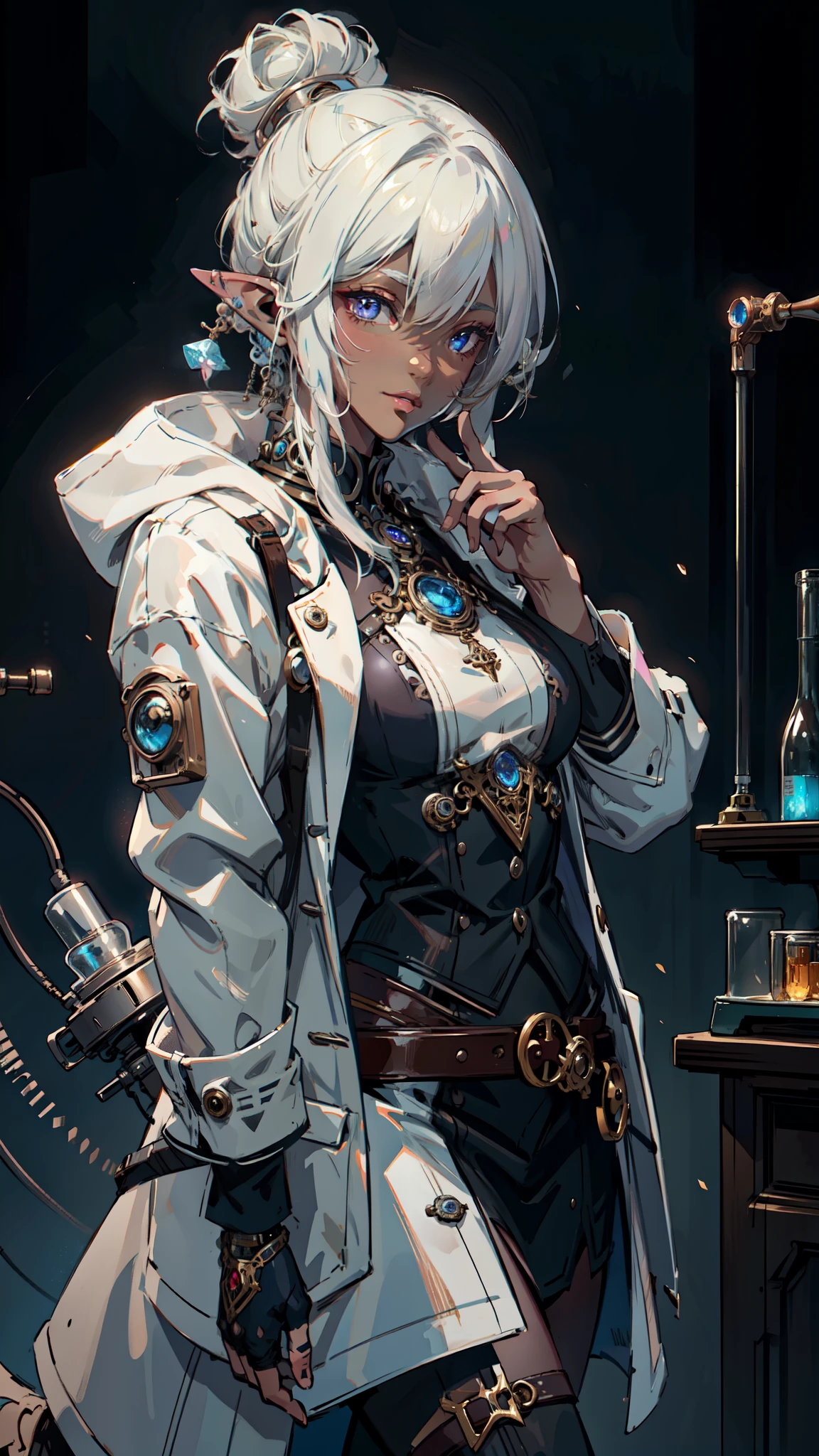 ((masterpiece )), (top quality), (best quality), ((ultra-detailed, 8k quality)), Aesthetics, Cinematic lighting, (detailed line art), Beautiful digital artwork, Exquisite digital illustration, absurdres, (best composition),
BREAK,
a female dark elf who is a scientist, (scientist clothes:1.2), (white jacket lab, Coat:1.2), (steampunk style:1.1), (holding of shimmering blue sea crystals), (background of scientific laboratory,  laboratory, filled with tubes, bottles, and equipment), SteamPunkAI, CogPunkAI, cell shading, cinematic dramatic atmosphere, high quality cell shaded illustration in Fantasy steampunk style by Yoji Shinkawa, detailed and intricate environment, artstation, concept art, fluid and sharp focus, dynamic angle, by ((Mikimoto Haruhiko)),
BREAK,
highly detailed of (dark elf), (1girl), perfect face, details eye, parted, sidelock, hairbun, blonde white hair, violet eyes, eyelashes, eyeshadow, pink eyeshadow,  smile, design art by Mikimoto Haruhiko, by Kawacy, By Yoshitaka Amano,
BREAK, 
((perfect anatomy)), nice body, medium breast, (extremely detailed finger), best hands, perfect face, beautiful face, beautiful eyes, perfect eyes, (perfect fingers), correct anatomy, ((Dark skin))