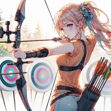 high quality,hd,16k,sharp line,1girl,female archery athlete ,cute face, large breasts, slender body, delicate body,nice legs, sw...